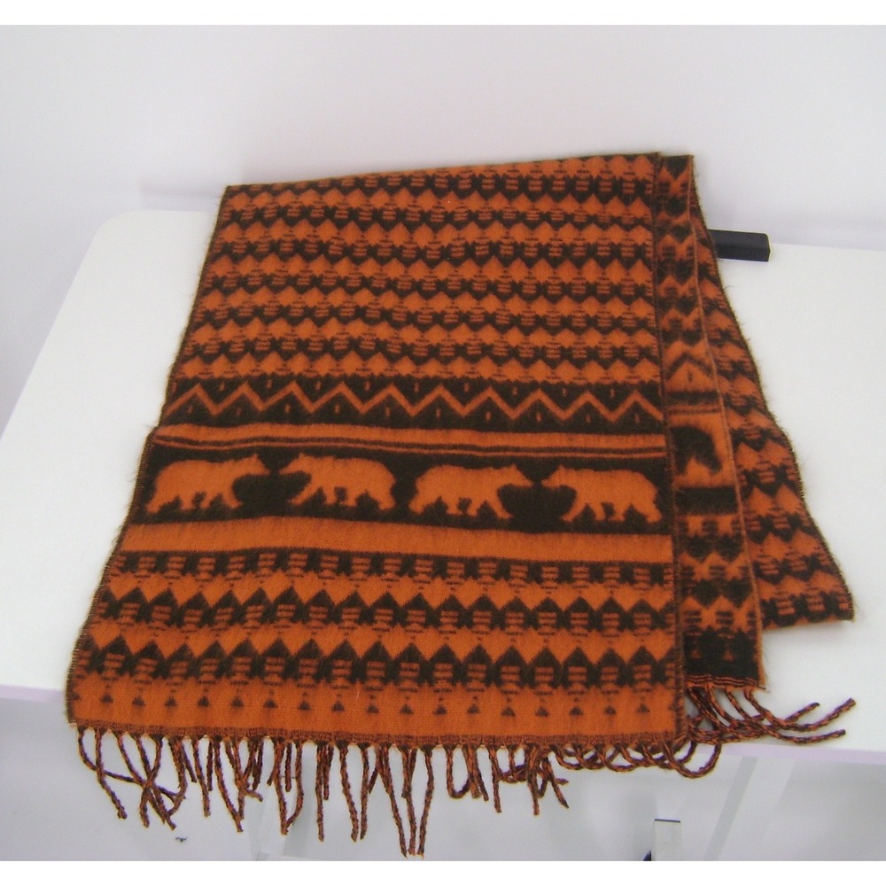 D&Y Softer Than Cashmere Scarf Orange Brown Bear Fair Isle Geometric Fringe Knit